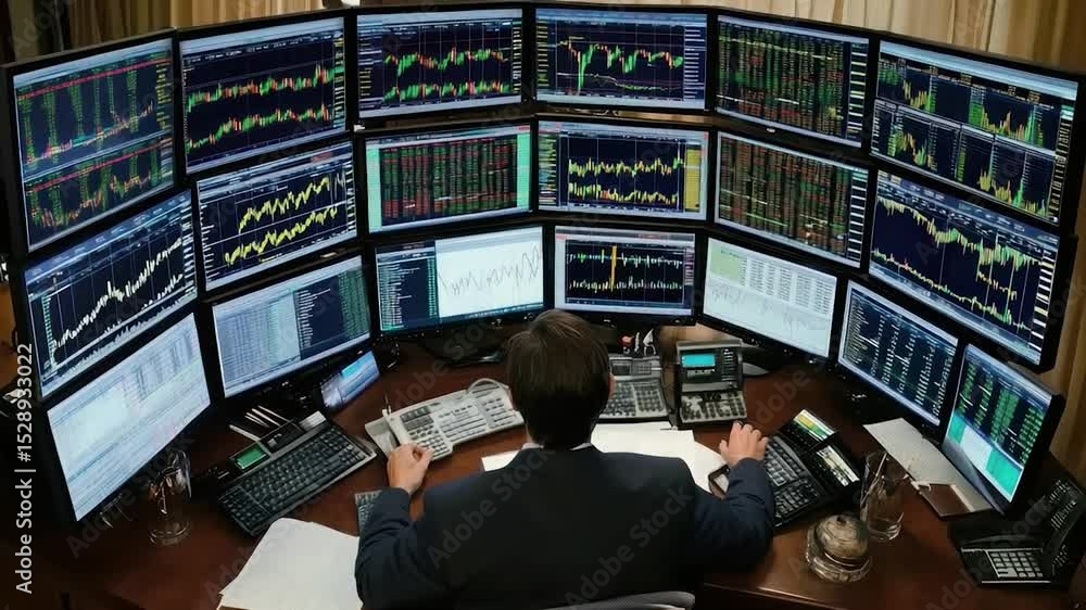 Poster Many computer screens displaying financial data in a trading room.