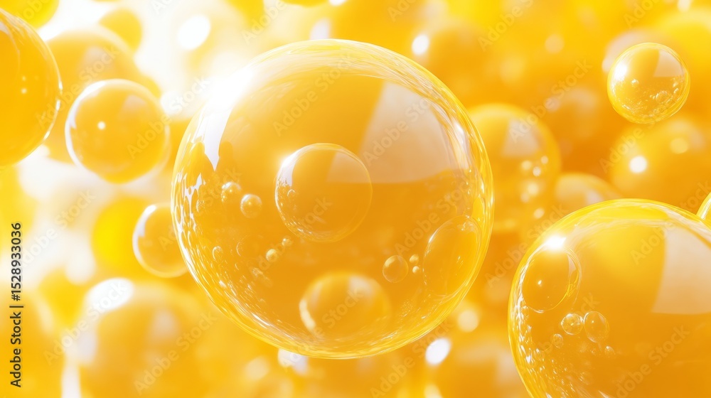 Poster abstract 3d render featuring floating yellow spheres in a minimalist modern composition with soft sh