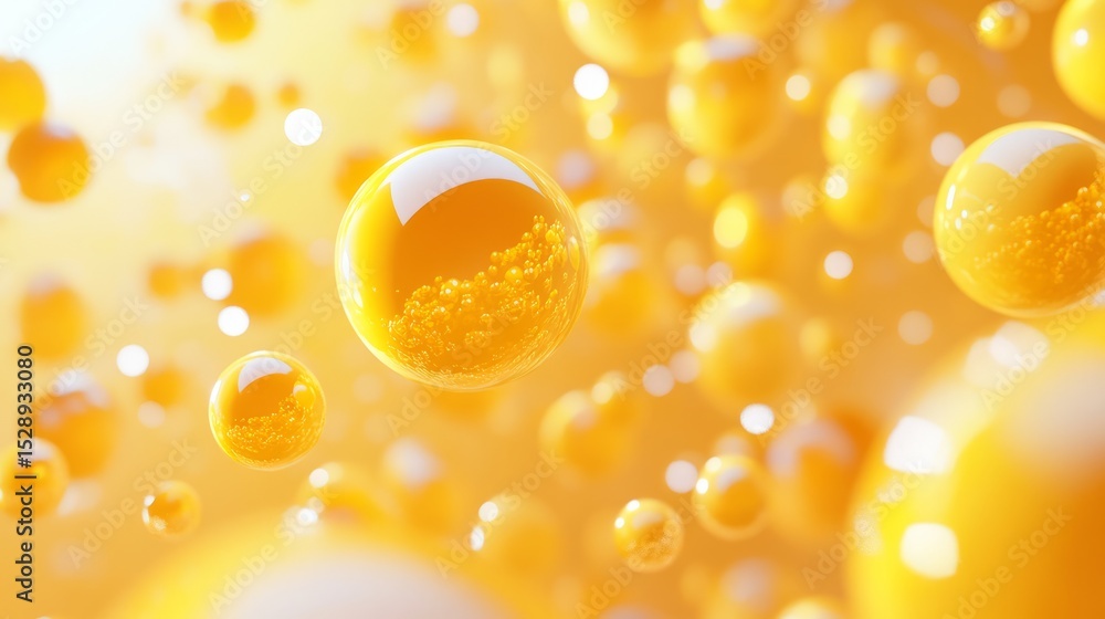 Poster abstract 3d render featuring floating yellow spheres in a minimalist modern composition with soft sh