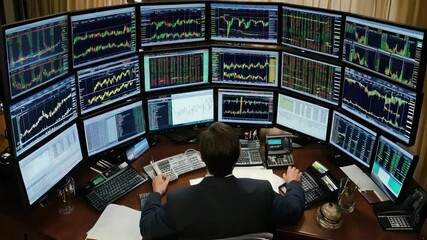 Many computer screens displaying financial data in a trading room. - Powered by Adobe
