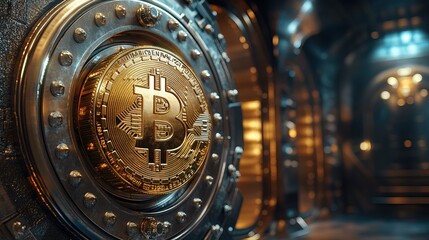 Fototapeta premium A gold-encrusted bitcoin floating above a luxurious bank vault 
