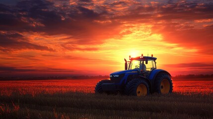 Tractor Harvesting at Sunset: A Vibrant Agricultural Scene on a Farm