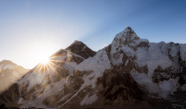 Sunrise view of the Mount Everest and summit Nuptse from Kala Patar. 