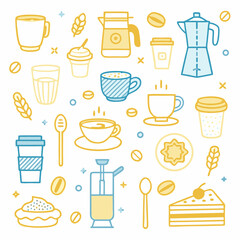 A diverse vector set of fast food and drink icons, including coffee, tea, beer, wine, and juice, perfect for restaurant and cafe designs