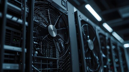 Closeup of fans in an interior data center, symbolizing the cool air flow. precise temperature control and energy efficiency in a high-tech environment. generative.ai