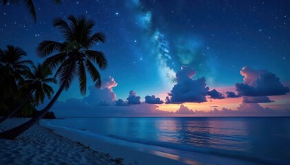 Starry night sky over tranquil tropical beach, palm trees silhouetted , astrophotography, vacation