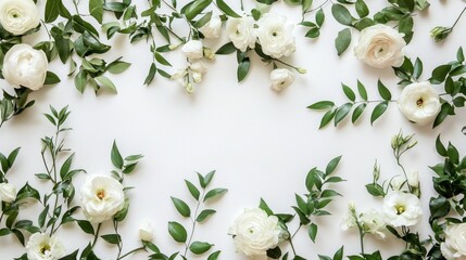 A white and green floral arrangement with white flowers and green leaves on a white background.