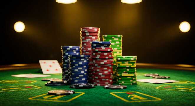 Colorful poker chips stacked on a green felt table with playing cards in a dimly lit casino setting
