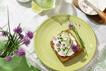 Healthy sandwiches with multi grain bread, cream cheese and chives greens for breakfast, top view