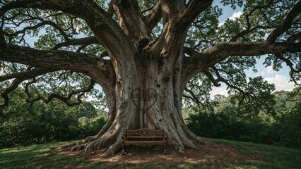 A wooden bench rests beneath a giant tree with a heart carved into its bark, wrapped in ivy. Misty morning mood, perfect for romance, nostalgia, or storytelling scenes.