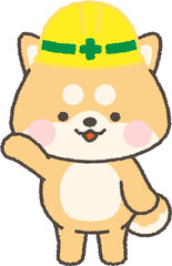 案内する黄色ヘルメットを被った茶色の柴犬