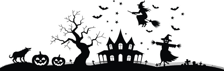 Classic Halloween Haunted House Silhouette Scene: Featuring Spooky Tree, Witch, Bats, Jack-o'-Lanterns, and Graveyard for Festive Designs