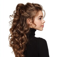 Obraz premium Beautiful brunette woman with curly hair and a black turtleneck sweater on a white background portrait view