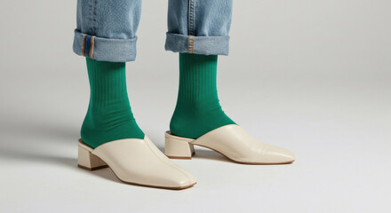 Stylish footwear choices with green socks and rolled-up jeans highlight modern fashion trends in minimalistic setting