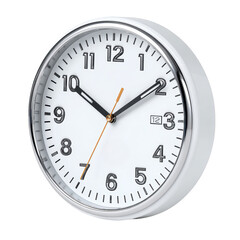 Classic round wall clock with black numbers and white background showing precise time and modern design