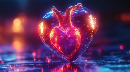 Abstract Glowing Anatomical Heart Shaped Object on Reflective Dark Surface
