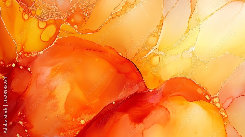 Poster abstract alcohol ink background in vibrant orange and yellow tones featuring flowing marble texture 