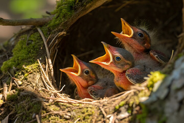 Fototapeta premium From above of small cute hungry thrush chicks with sitting together in nest with opened beaks