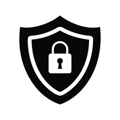 Black shield with white padlock icon represents security and protection concept