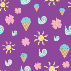 Summer colorful seamless vector pattern on purple background