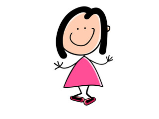 A Happy Cartoon Girl in a Pink Dress with Black Hair and a Wide Smile