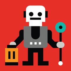 Geometric robot character with lantern and ball staff on red background illustration