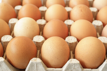 Brown chicken eggs in a cardboard tray on a rustic wood background for farm and food concepts and healthy eating or cooking recipes and ingredients advertising.