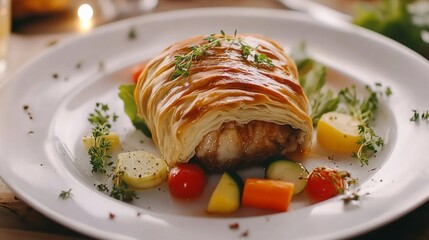 Elegant Dish: Flaky Pastry Enclosing Savory Filling with Fresh Garnish