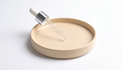 Serum Dropper on Beige Dish Minimalist Wellness Product Photography.
