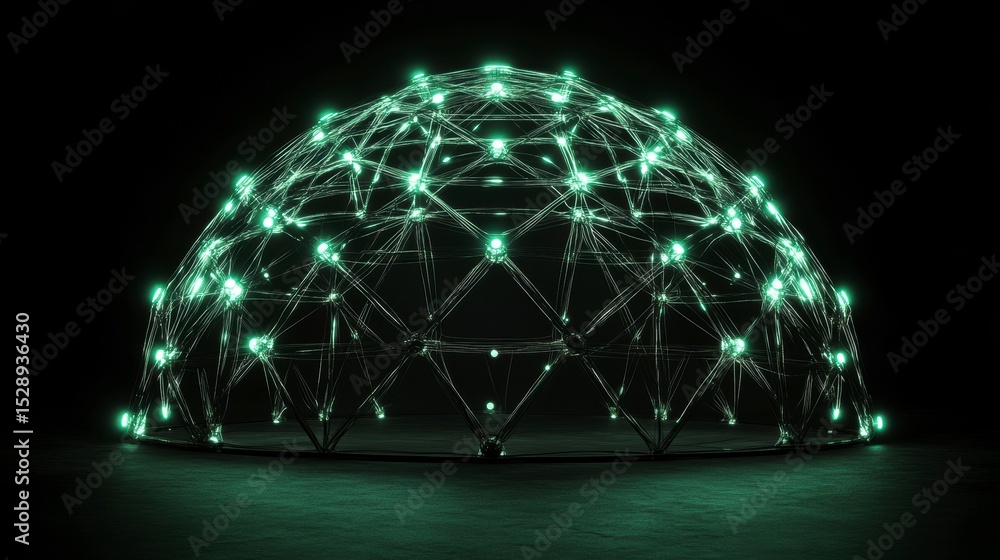 Poster glowing geodesic dome structure with interconnected nodes on dark background.