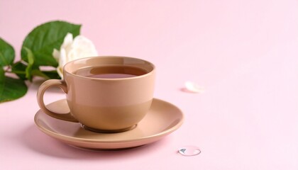 Calming Teacup and Rose on Pink Background Wellness Concept.