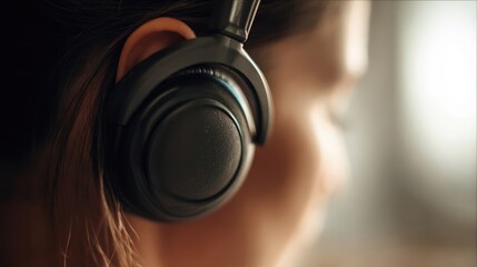 A warm, intimate shot of a person listening to music with large, comfortable headphones.