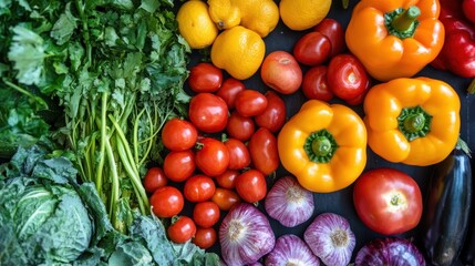 A vibrant collection of farm-fresh vegetables and fruits, captured in a studio setting