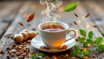 steaming cup of ginger tea surrounded by glowing herbsâ€”licorice root, lemongrass, holy basilâ€”all floating to represent throat soothing and cough relief.
