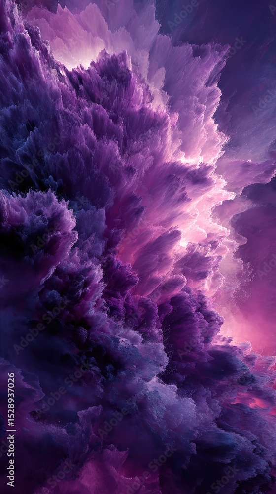 Poster abstract purple cloudscape with dynamic light and shadow, creating a dreamy and ethereal atmosphere 