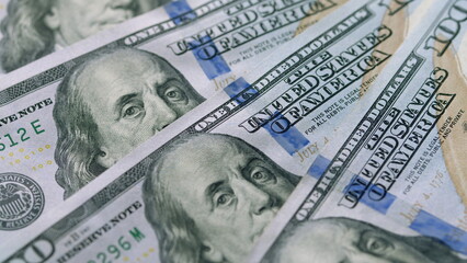 Closeup of American Dollars Focus on 100 Bill Features