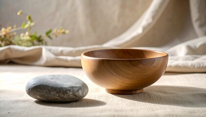 Tranquil Wooden Bowl and Stone on Linen Fabric Background Wellness Spa Concept.