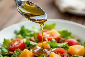 glossy spoon pouring golden olive oil over fresh salad, with hdl symbols radiating from the oil stream.