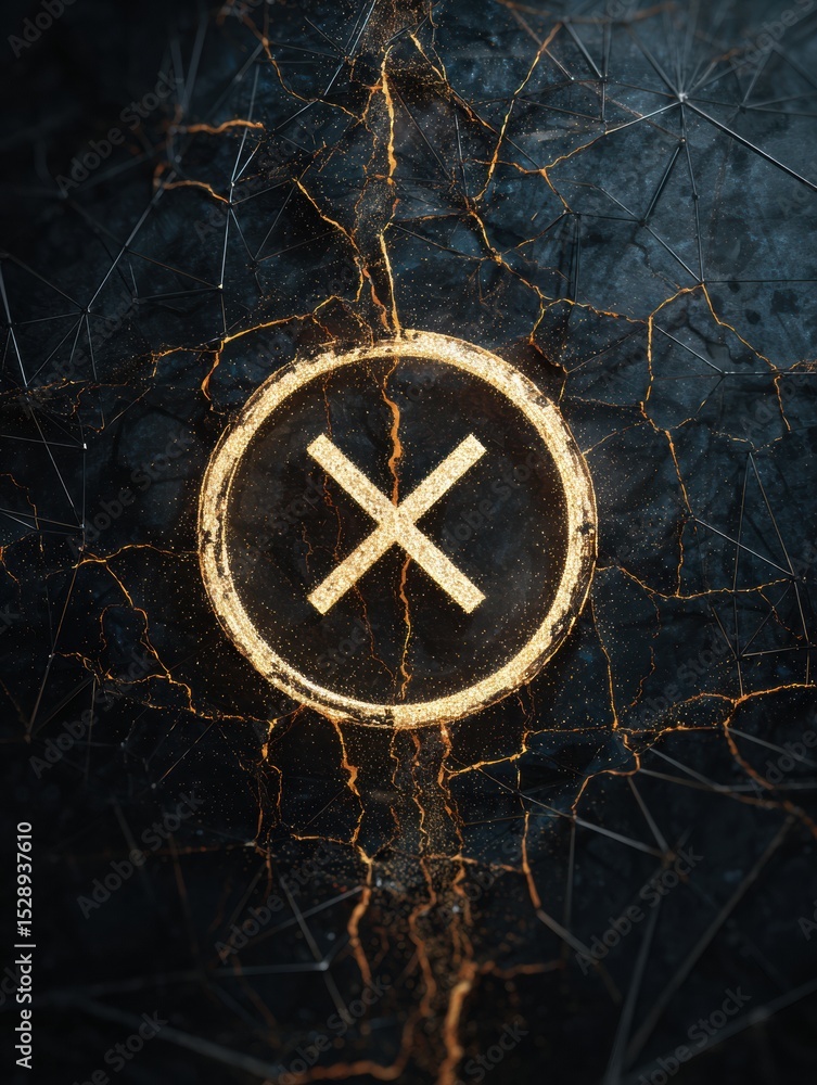 Poster cracked error icon over dark abstract background with clean upper zone providing a striking visual c