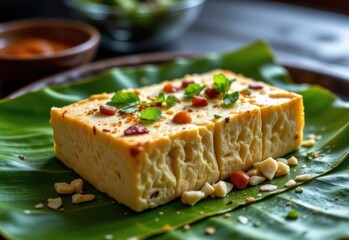 traditional tempeh on banana leaf, visible rhizopus oligosporus mold mycelium, steamy indonesian kitchen background, high detail texture, vibrant colors