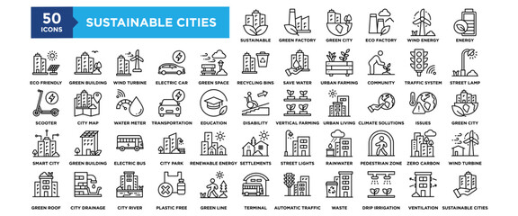 50 Sustainable Cities icon set. Containing design Sustainable, Green Factory, Green City, Eco Factory , Eco Friendly