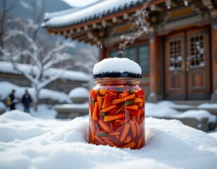 kimchi fermentation jar in snow, symbolic winter bacteria like psychrophilic lactobacillus, cold air visible, traditional hanok house in background