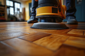 Wood floor polisher or parquet floor in a warm atmosphere inside the building
