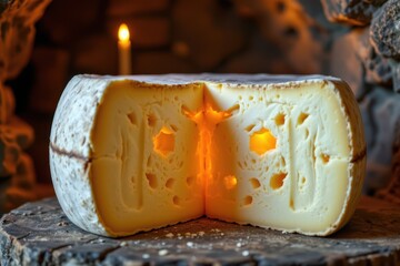 probiotic rich cheese wheel cracked open, lactobacillus helveticus lines glowing within, aged stone cellar with candlelight, cheese cave concept
