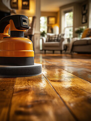 Wood floor polisher or parquet floor in a warm atmosphere inside the building
