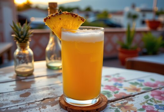 fermented pineapple tepache in glass, foam swirling with active bacteria and yeast, mexican rooftop fiesta setting, warm summer sunset light