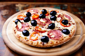Pizza with salami and mozzarella cheese, jalapeno pepper and black olives. Wooden background. Soft focus. Close up.	