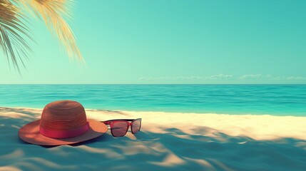 Red straw hat and sunglasses on a tropical beach