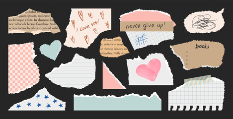 Torn paper collage set. Torn newspaper pieces, notes, motivational words, grid and line notebook sheets, torn paper heart and watercolor, hand drawn stars and hearts on paper, torn Gingham paper.