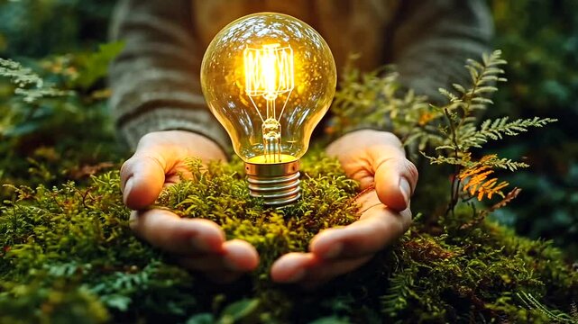 Light Bulb in Hands Over Green Nature Background